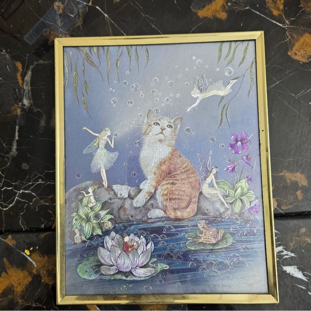 Jean Henry Cat and Fairies Dufex Foil Art  Gold Framed Vintage Fantasy